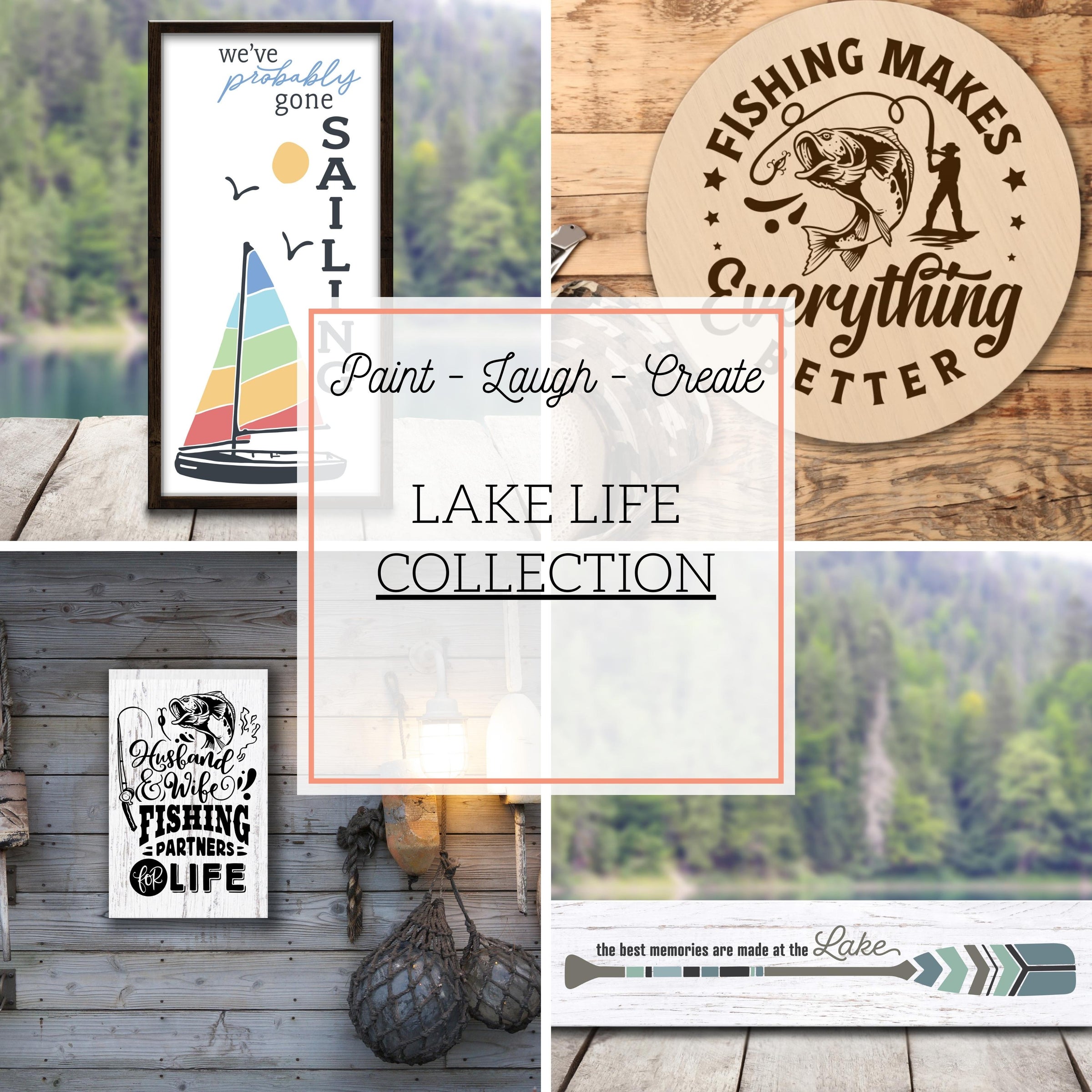 Framed signs, door hangers, planks and pallet signs with designs painted on them.